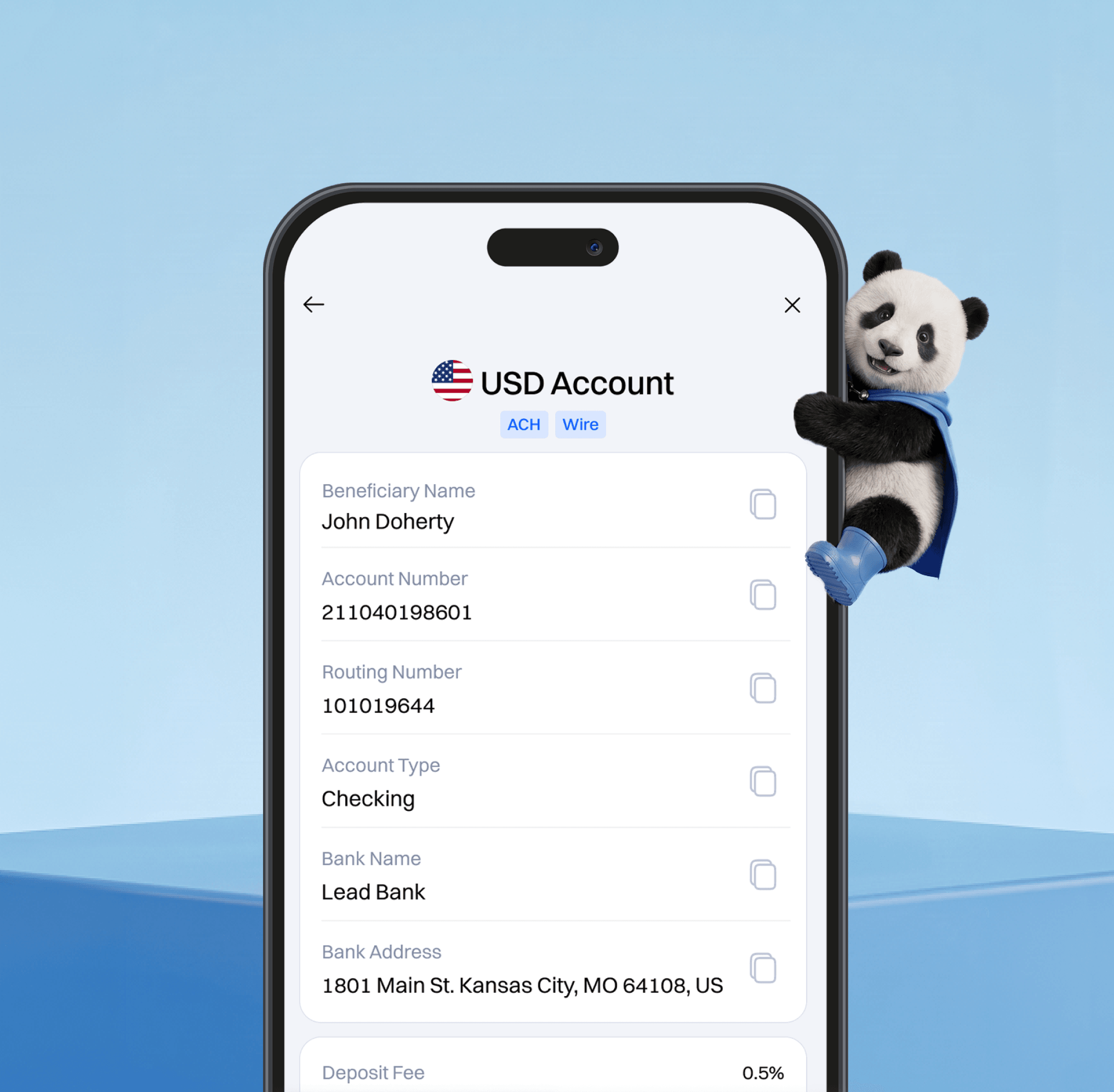 SuperCash global USD account details with the panda mascot